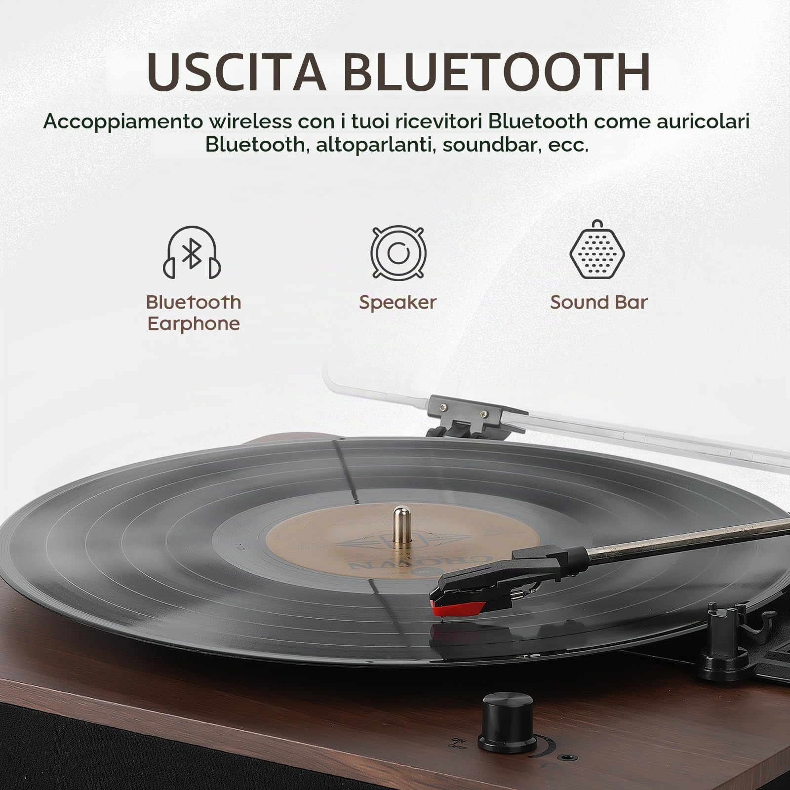 Giradischi, Giradischi Bluetooth Ingresso e Uscita con Altoparlanti Integrati, Radio FM, Registrazione Vinile-MP3, Riproduzione USB e SD, Schermo LED, Noce
