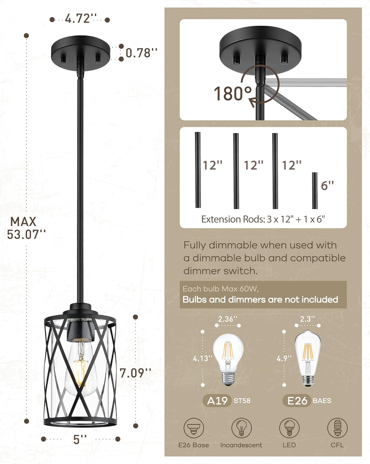 Beionxii 2 Pack Glass Pendant Lights Kitchen Island, Black Modern Kitchen Pendant Lighting Over Island, Farmhouse Industrial Cage Hanging Lighting with Clear Glass for Sink, Dining Room, BX-PL07BK-2PK
