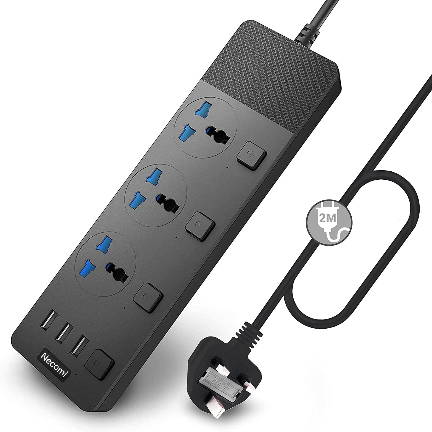 Necomi Extension Lead with 3 USB Slots | 2 Meter Cable Cord Power Strip, 3 Way Universal Socket | Smart Charging Station Hub, Individually Switched, Surge Protected, and Wall Mount UK Plug (Black)
