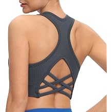Womens Ribbed Seamless Sports Bra - Racerback Criss Cross Back Workout Bra with Removable Pads for Yoga Gym Fitness