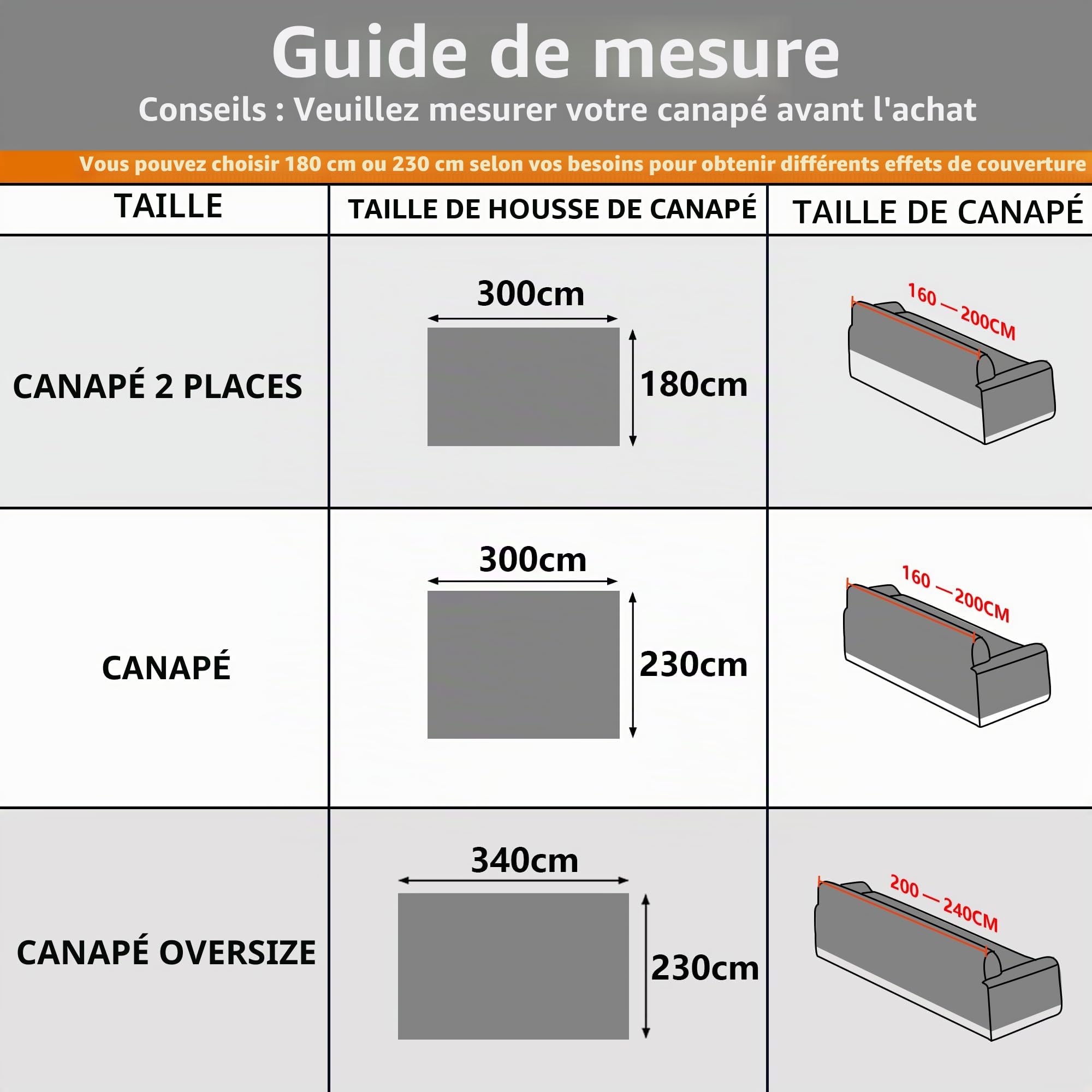 MYSKY HOME Housse de canapé 180 x 300 cm, lavable, antidérapante, anti-rayures, gris