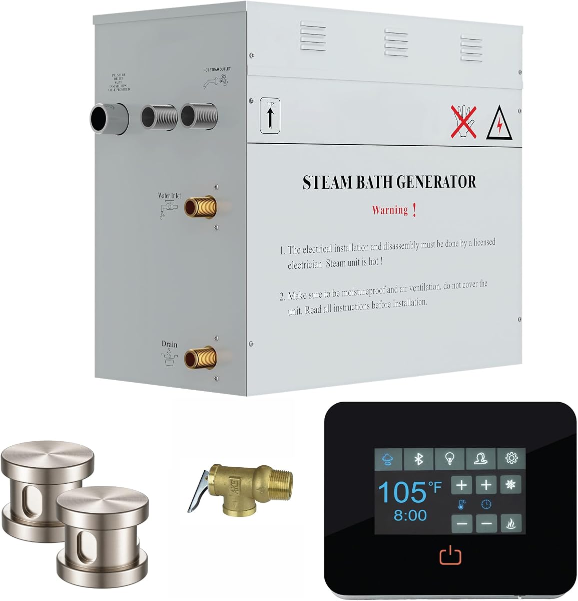 Generador de baño de vapor Builders Series de 12 kW con vapor continuo Quickstart, panel táctil digital negro, drenaje automático incorporado y cabezal de vapor aromático en níquel cepillado