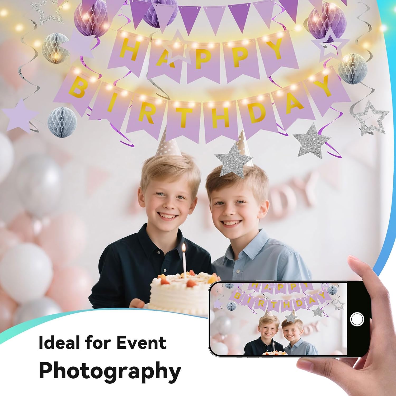 Birthday Decorations,Purple Happy Birthday Banner with Fairy lights,Pennant Banner,Honeycomb Balls and Star Hanging Swirls Streamer Happy Birthday Party Decorations for Women Men Boys Girls