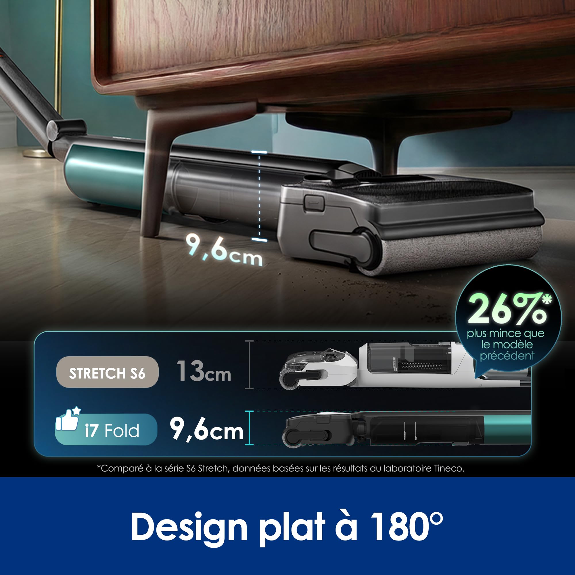Tineco Floor One i7 Fold aspirateur Eau et poussière, Aspiration 22 kPa, Conception Anti-emmêlement DualBlock, FlashDry 85 ℃, autonomie 50 Min, Nettoyage des Bords Double Face, Design Plat à 180°