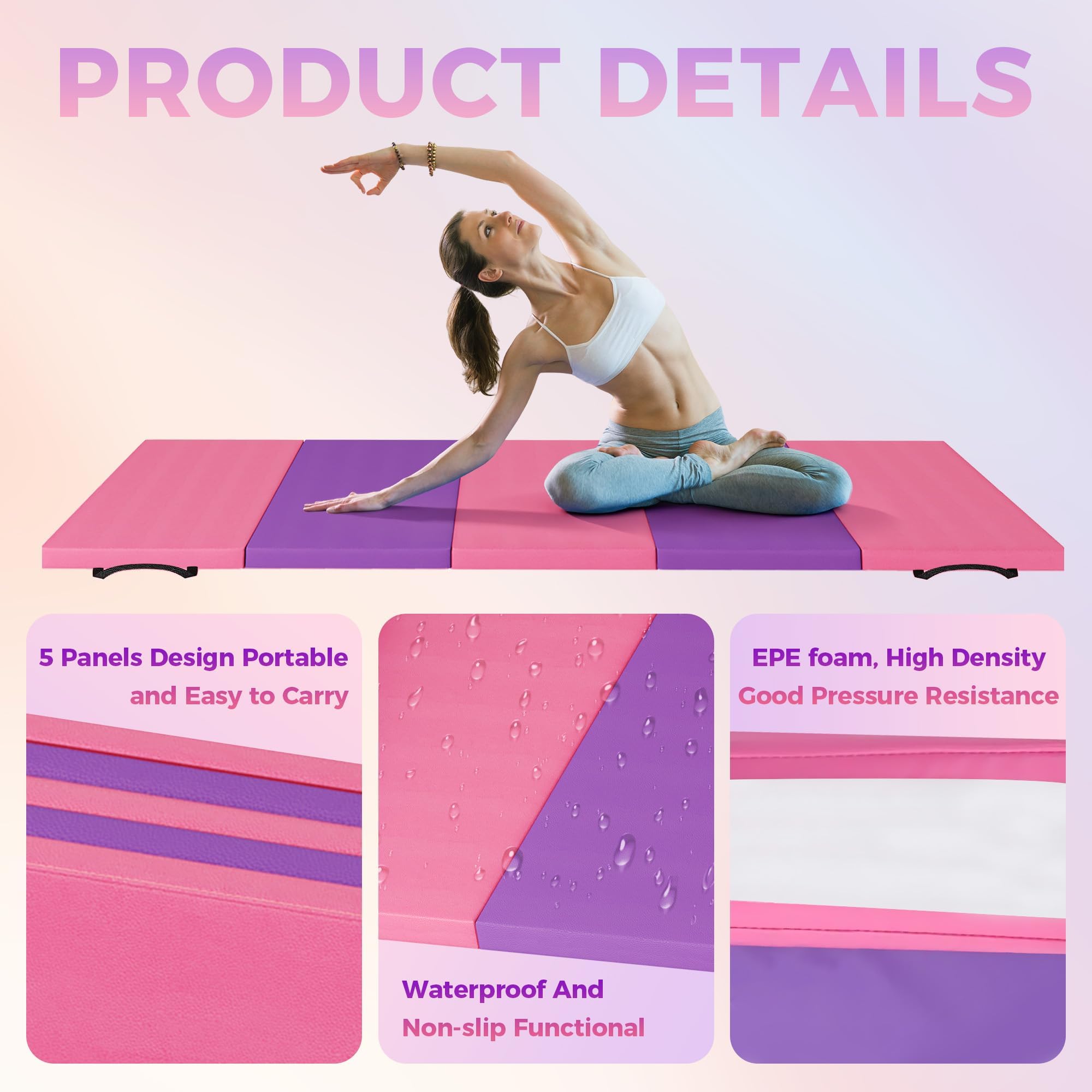 Garvee Esterilla de gimnasia plegable, 180 cm de largo x 60 cm de ancho x 5 cm de grosor, alfombrilla de gimnasio con asas de transporte, espuma EPE de alta densidad, antideslizante, piel sintética