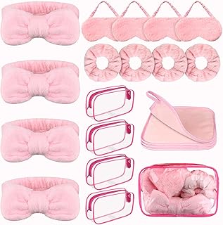 20 pièces de fournitures de spa pour filles soiree pyjama fille bandeaux à nœud masques de sommeil en peluche rose chouchous en velours lingettes démaquillantes trousses de maquillage transparentes