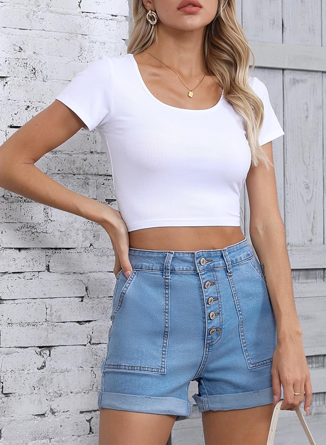 Sidefeel Womens Jean Shorts High Waisted Stretchy Buttoned Folded Hem Zimbaplatinum Denim Shorts - Image 6