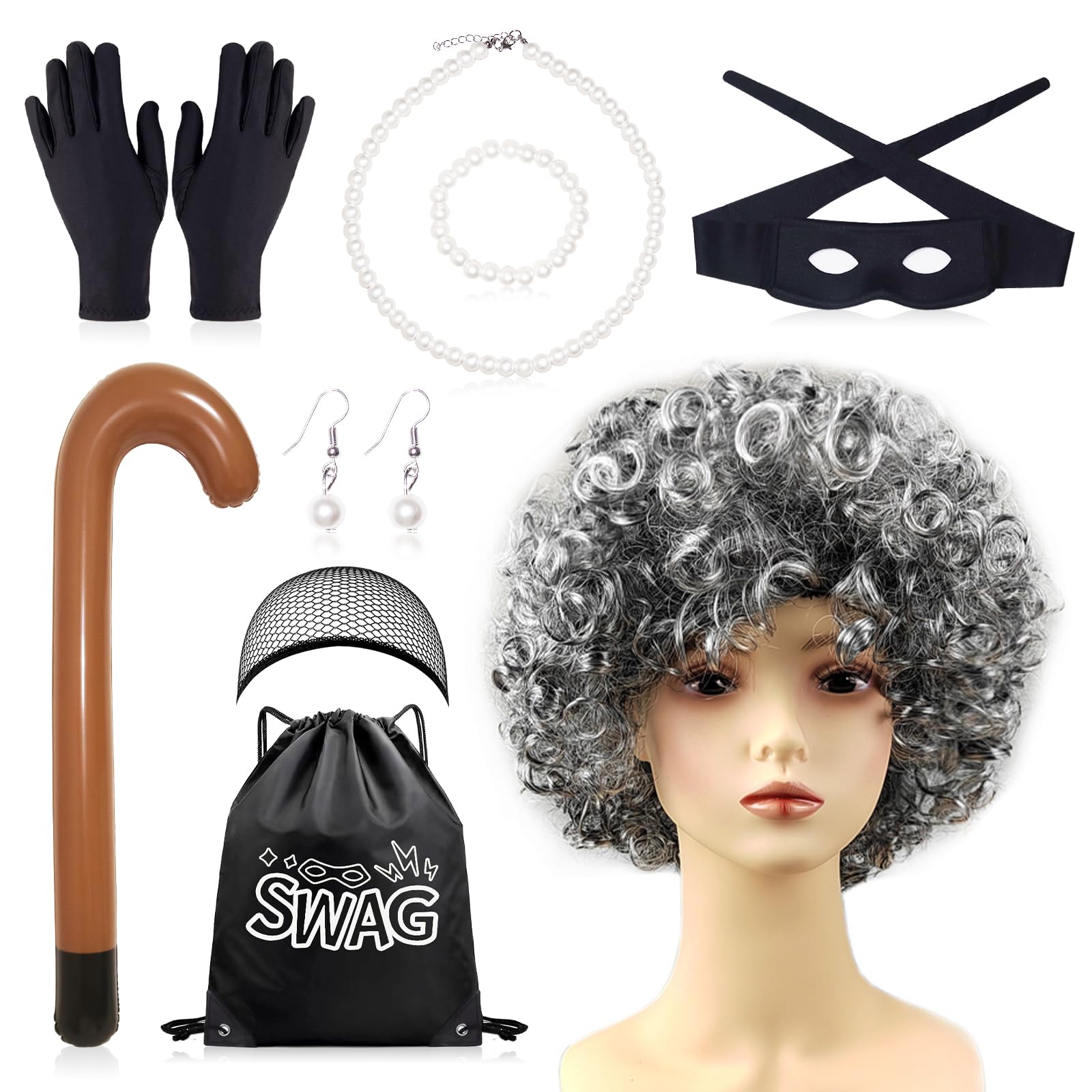 Gangster Granny Fancy Dress Kit Robber Costume Include Grey Old Lady Wig Inflatable Cane Eyemask Necklace Pearl Jewelry Swag Bags Burglar Grandma Fancy Dress for Adult Kids Halloween World Book Day