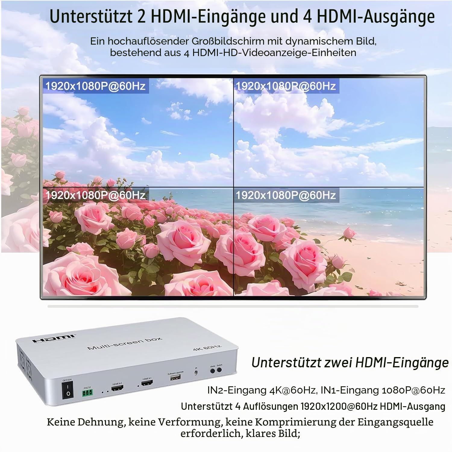 Video Wall Controller 2x2 4K60HZ, HDMI 2.0, 3840x2160@60Hz, 14 Modes, Remote & RS232 Control, mit Out Audio & Memory