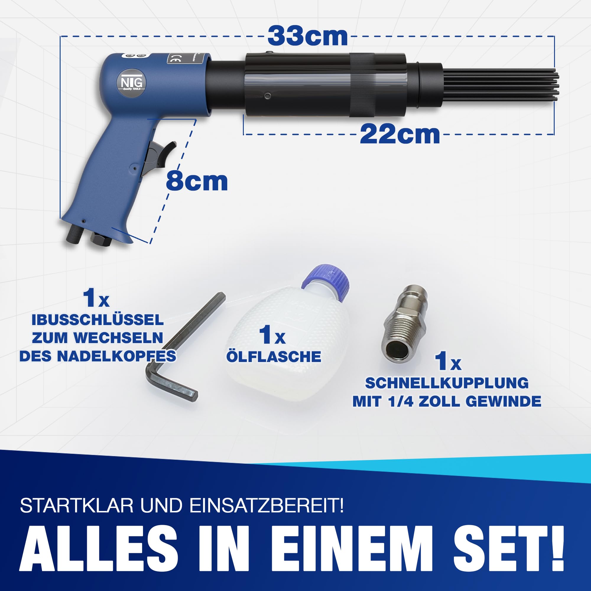 NTG Druckluft Nadelentroster – Rost- & Lackentferner mit 19 Nadeln (Ø 3mm, 180mm Länge), Schnelle Rostentfernung für Metall, Auto & Werkstatt, Druckluft Werkzeug 3000 Schläge pro Minute – Effizient