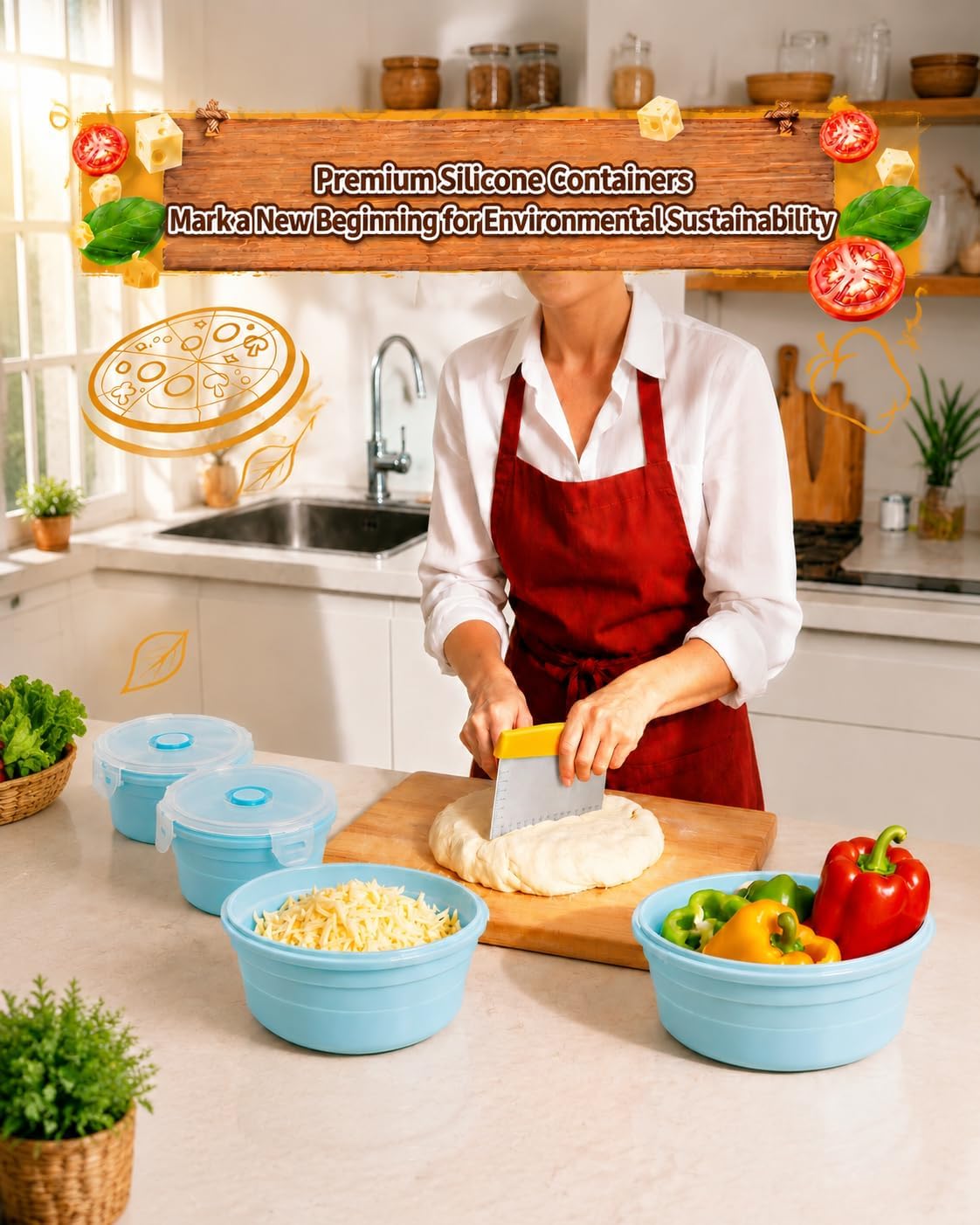 3 Pack Pizza Dough Proofing Containers, 40oz/1200ml Silicone Proofing Box with Clear Airtight Lids, Stackable Fermentation Storage for Pizza, Bread, Sourdough, Includes Dough Cutter