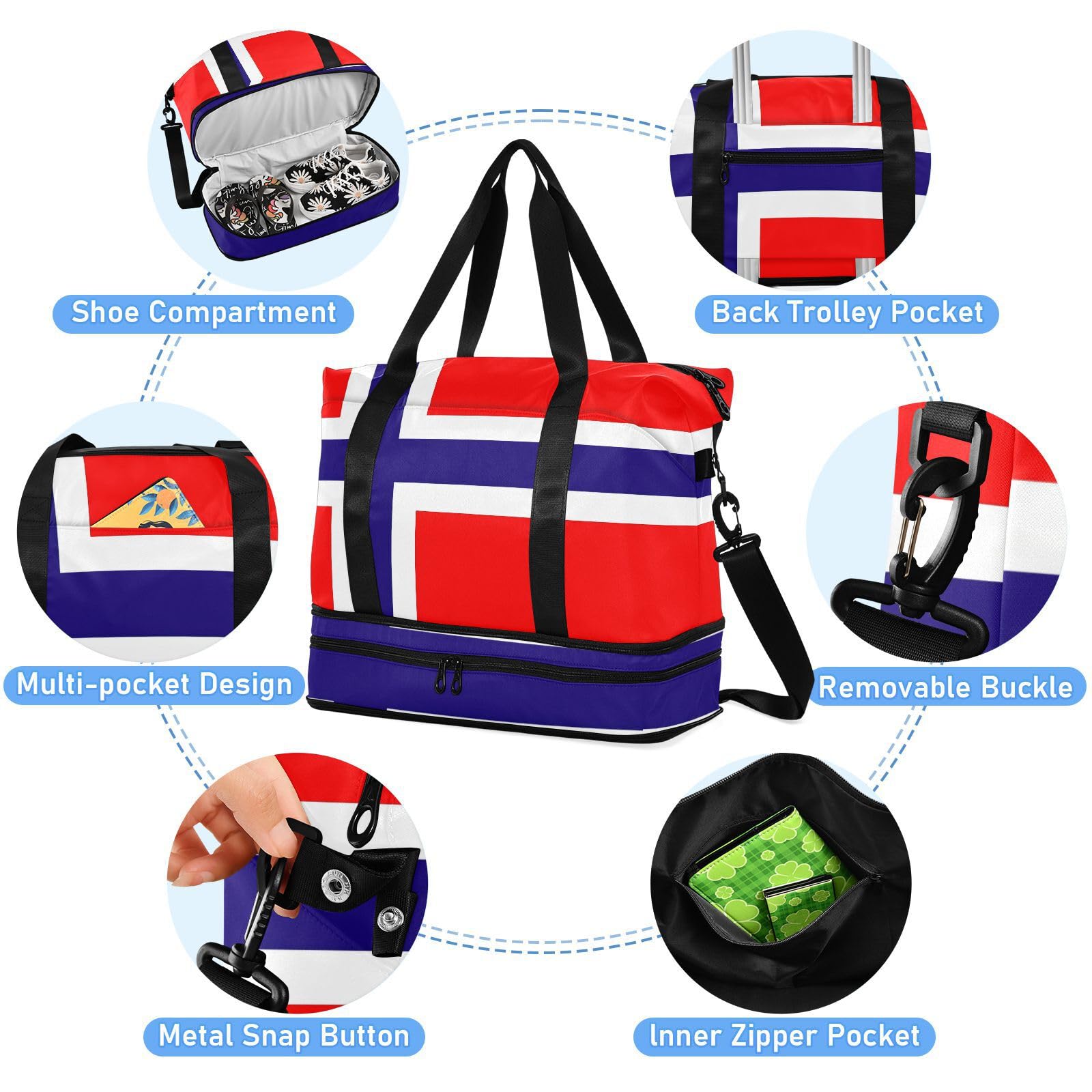 Lot de 2 sacs de week-end avec poche humide et sangle réglable pour la randonnée - Motif drapeau de la Norvège - Pour homme et femme