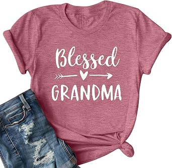 Blessed Grandma Shirt Funny Cute Graphic Tees Women Letter Print T-Shirt Casual Short Sleeve Tops