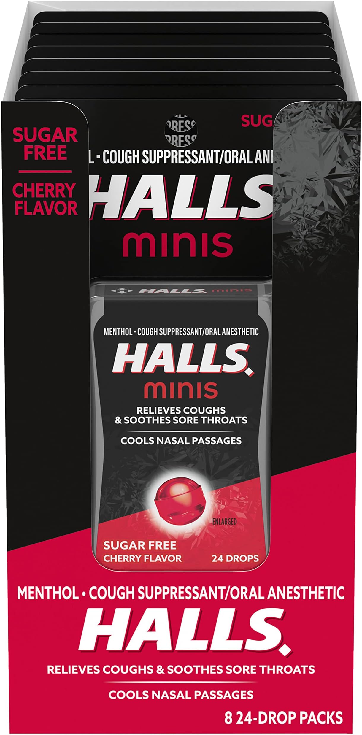 Minis Cherry Flavor Sugar Free Cough Drops, 8 Packs of 24 Drops (192 Drops Total)