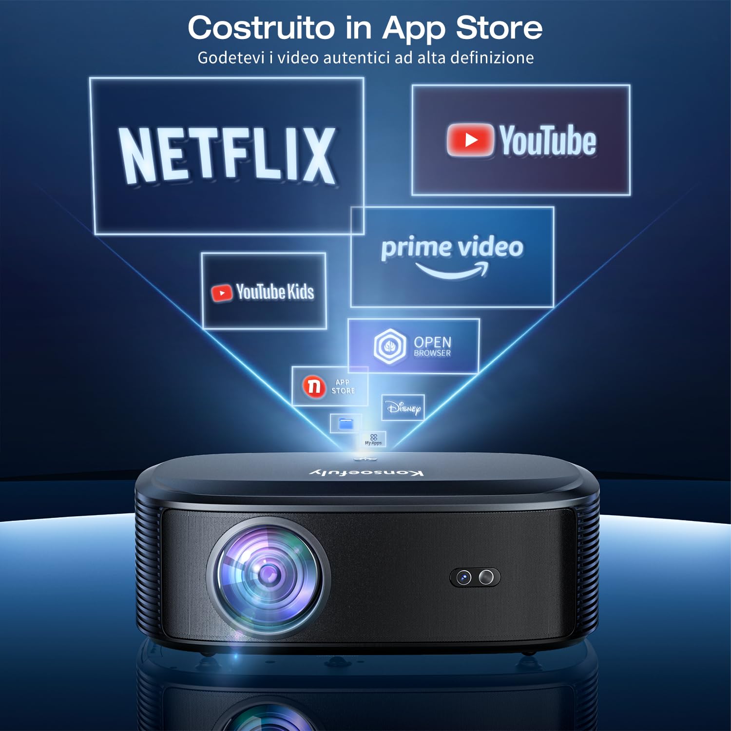 Proiettore 4K con Wifi e Bluetooth - Konsoefuly proiettore con NETFLIX/Prime Video/YouTube integrati, supporto per oltre 100.000 app, videoproiettore con compatibilità HDMI/USB/iOS/Android/Windows