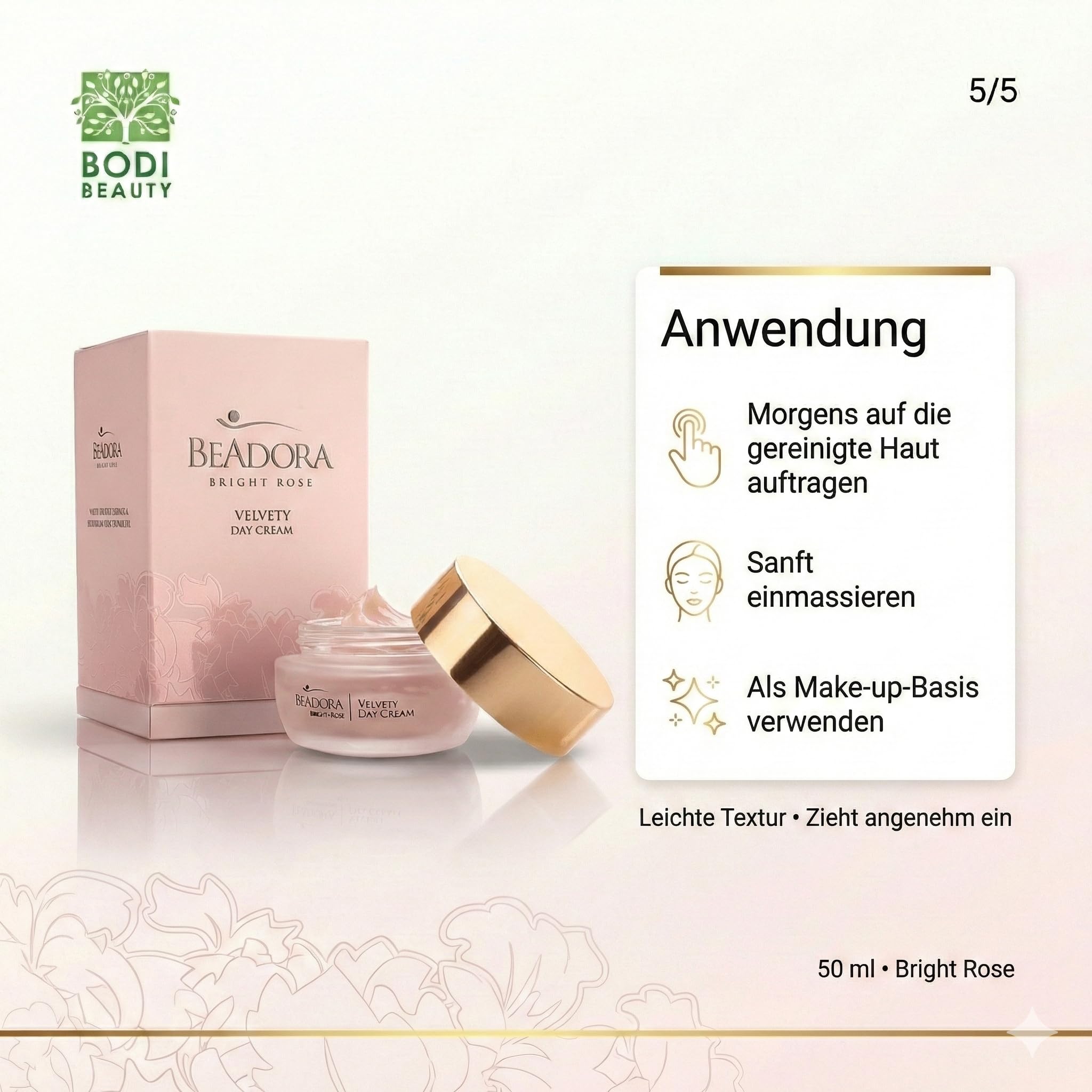 BeAdora Rose Tagescreme 50 ml mit Rosenöl & Hyaluronsäure | Samtige Tagespflege mit Rosenöl, weißem Trüffel & Hyaluron für langanhaltende Feuchtigkeit den ganzen Tag