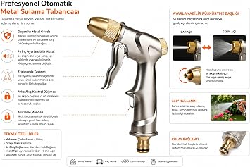 Profesyonel Otomatik Metal Sulama Tabancası, Çinko Alaşım ve Pirinç, Ayarlanabilir Nozul, Nikel Kaplama, Bahçe ve Araç Yıkama