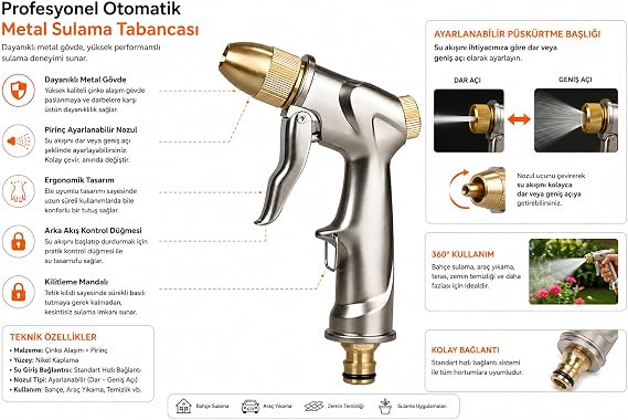 Profesyonel Otomatik Metal Sulama Tabancası, Çinko Alaşım ve Pirinç, Ayarlanabilir Nozul, Nikel Kaplama, Bahçe ve Araç Yıkama