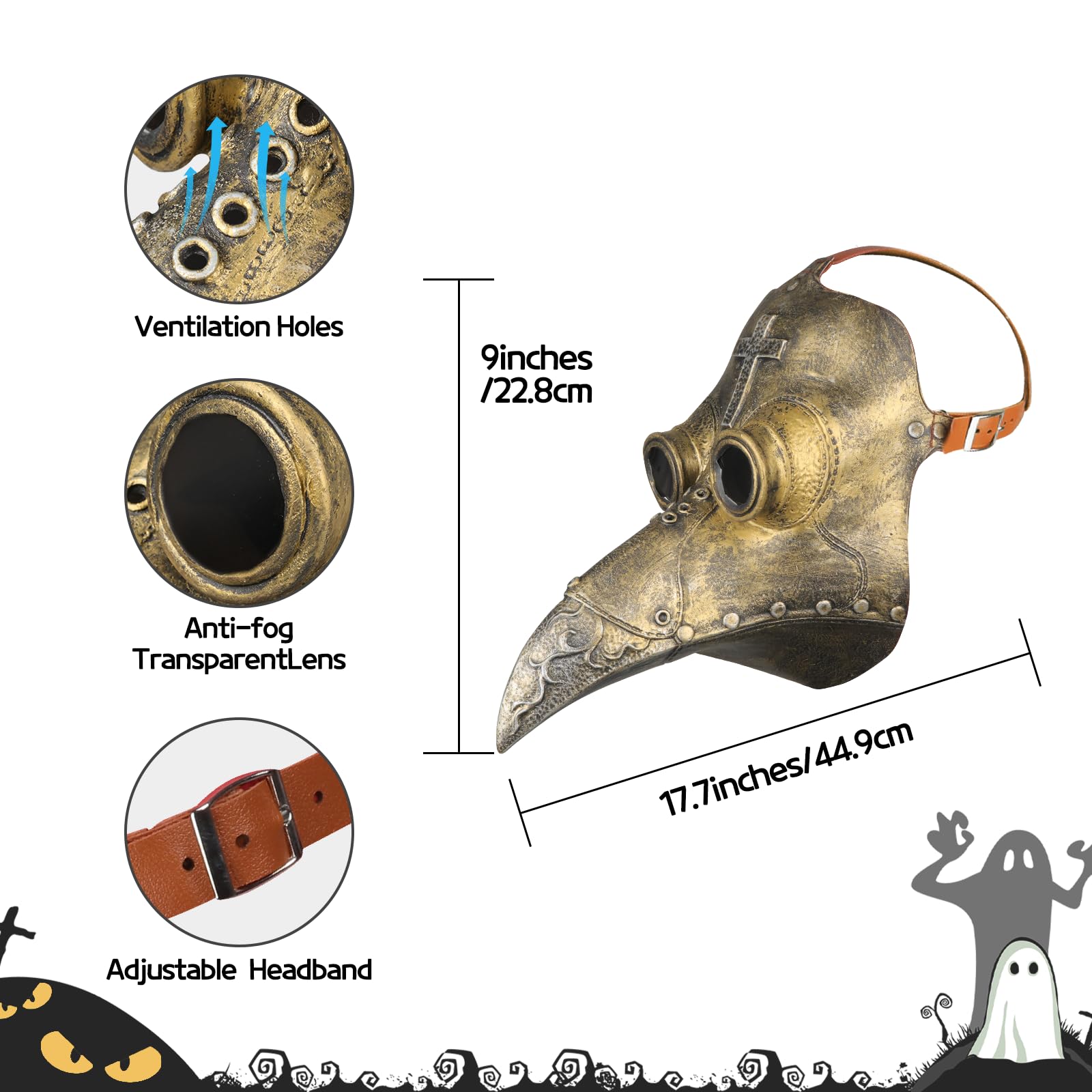 Plague Doctor Mask, Retro Leather Plague Doctor Bird Mask, Long Nose Beak Steampunk Props and Black Gloves - Image 2