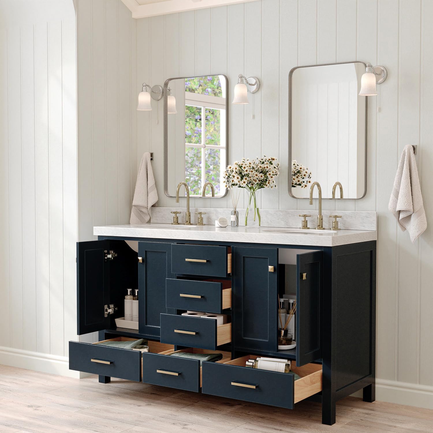 ARIEL Cambridge 60-inch Bathroom Vanity with Sink,Solid Wood, 2-inch Italian Carrara Marble Countertop, Double Oval Porcelain Sink, 4 Soft Closing Doors, 6 Dovetail Drawers, Midnight Blue