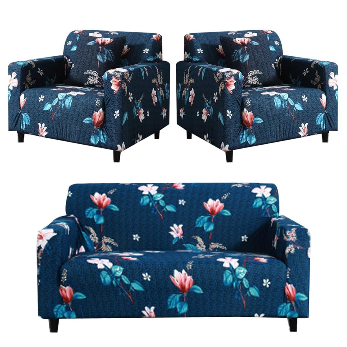 Gurnoor Sofa Cover One 3 Seater and Two 1 Seater Fully Covered Universal 5 Seater for Living Room Non-Slip Sticky Elastic Stretchable Couch Sofa Set Slipcover Protector(Smart Blue)