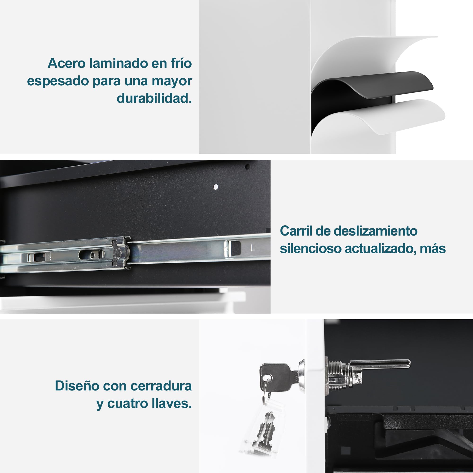 Archivador Móvil de 4 Cajones, Cajonera con Cerradura, Archivador Dbajo del Escritorio Para Oficina, Completamente Ensamblado, Con 4 llaves