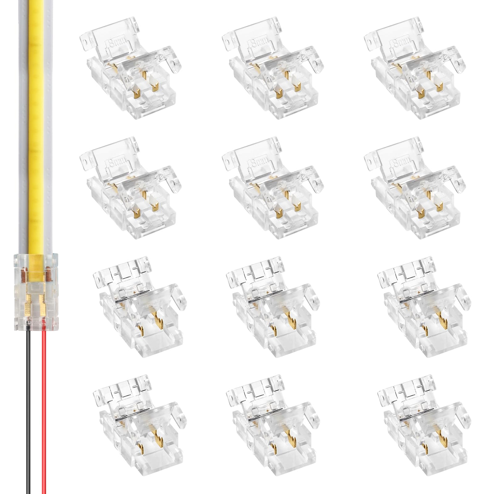 VIPMOON 12Pcs 2Pin 8mm COB LED Strip Connectors, Strip to Wire Connectors