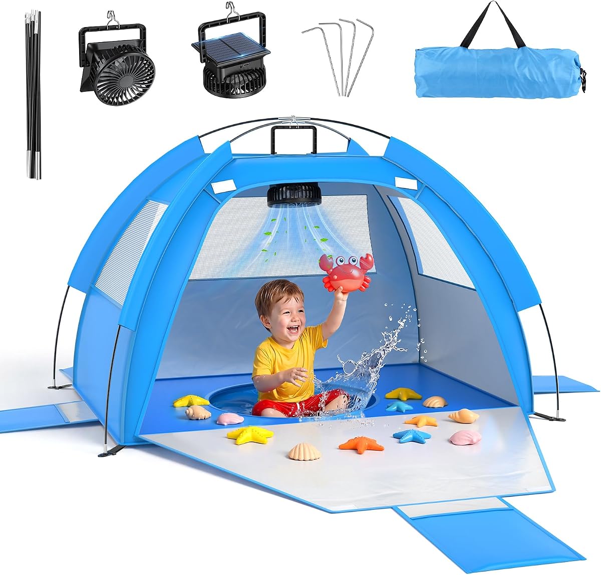 Tienda de campaña de playa para bebé, ventilador de refrigeración solar, anti-UV, tienda de campaña de playa para niños pequeños, refugio para el sol, ventilador de viaje portátil, tienda de campaña para sombra de playa, tienda de juegos para bebés, ventilador de techo incorporado, refugios para el sol, artículos esenciales para la playa para niños pequeños, color azul