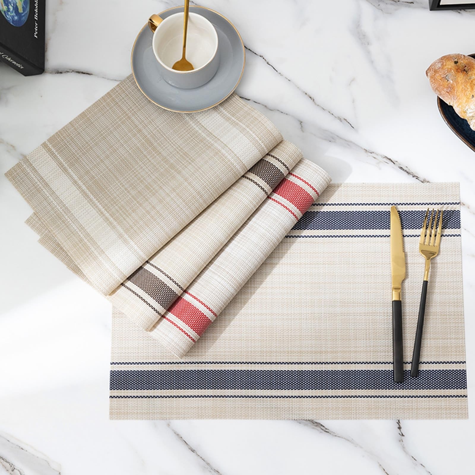 AMDXD Lot de 10 sets de table bohème en PVC à rayures tissées et lavables élégants - Carré pour hôtel - Bleu - 30 x 45 cm