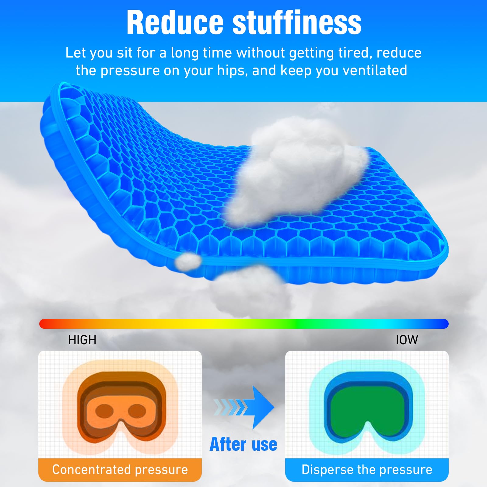 Vmingo Cuscino Gel Per Sedia,Cuscino antidecubito-Cuscino gel Elastico per Il Sostegno del Sedile,Fresco e Traspirante, Cuscino per Sedia Ufficio per Ridurre la Pressione Su Fianchi (Blu scuro)