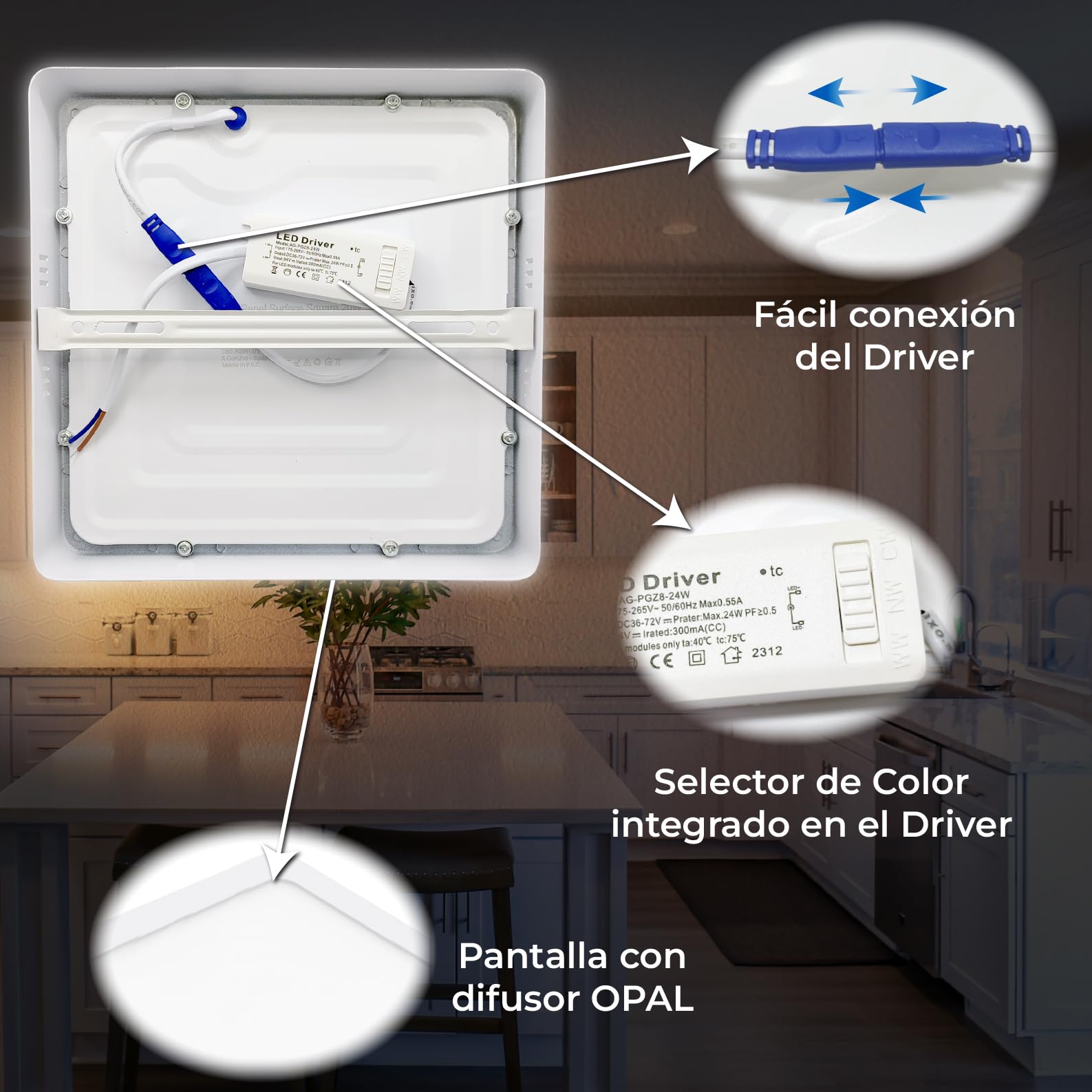 LED ATOMANT 10x Plafon LED Cuadrado Superficie 210x210mm 20W CCT 3000-6500K | Con Selector de color CCT, 1800 Lumenes, Driver incluido