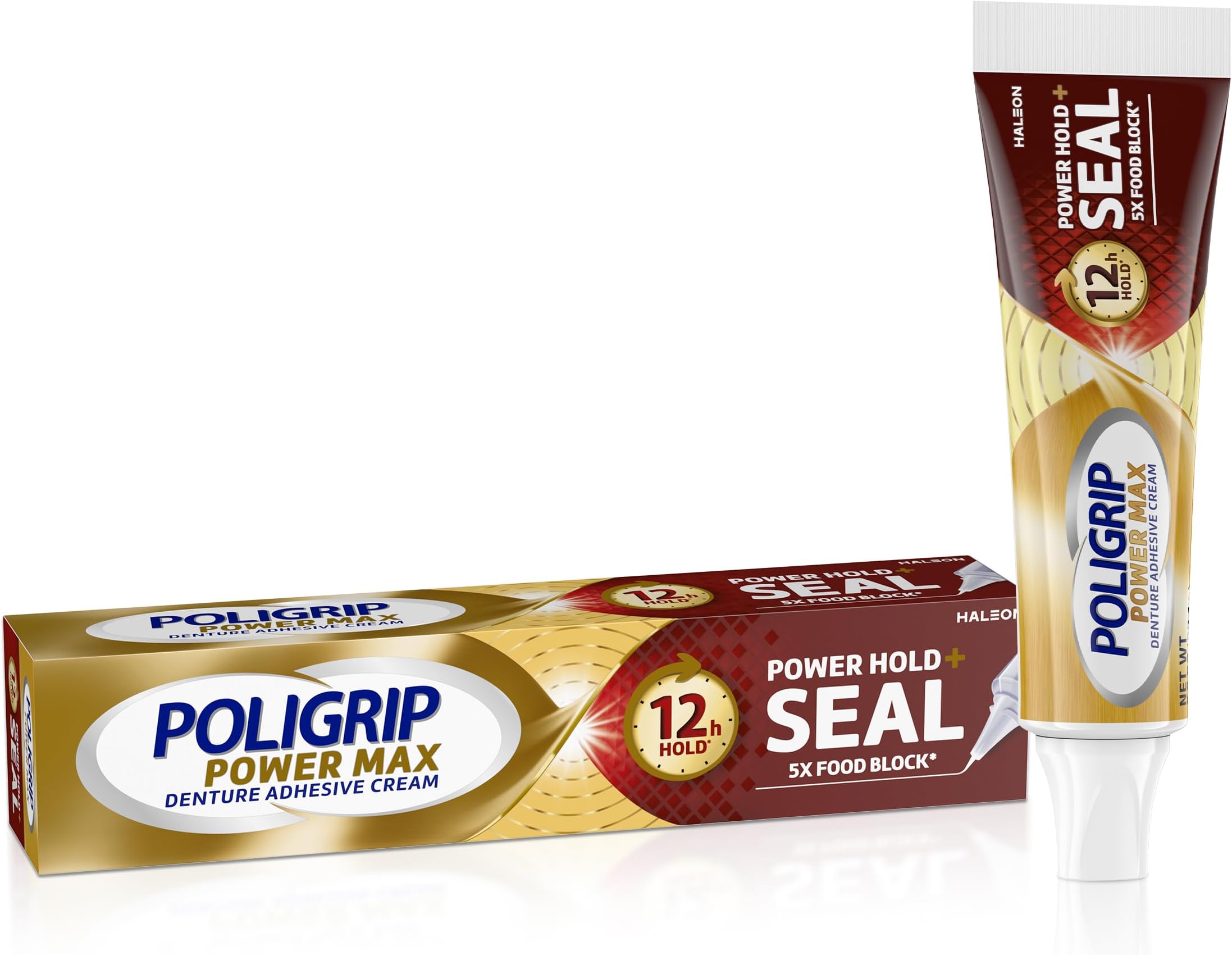 Poligrip Power Max Power Hold plus Seal Denture Adhesive Cream, Denture Cream for Secure Hold and Food Seal, Flavor Free - 2.2 oz