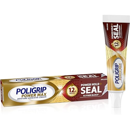 Poligrip Power Max Power Hold plus Seal Denture Adhesive Cream, Denture Cream for Secure Hold and Food Seal, Flavor Free - 2.2 oz