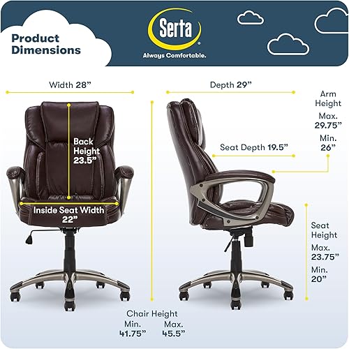 Miniatura 65 de Serta Silla de computadora ergonómica ajustable para oficina ejecutiva con almohadas corporales en capas, borde de asiento de cascada, cuero Blanco