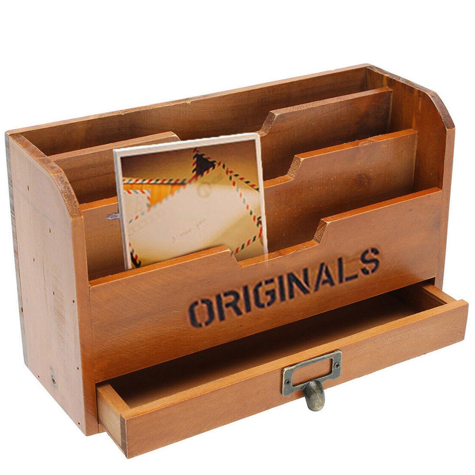 Portadocumenti da parete – Porta documenti in legno, organizer per ufficio e lettere | Supporto a parete con 3 scomparti e cassetto per studio, camera da letto, soggiorno