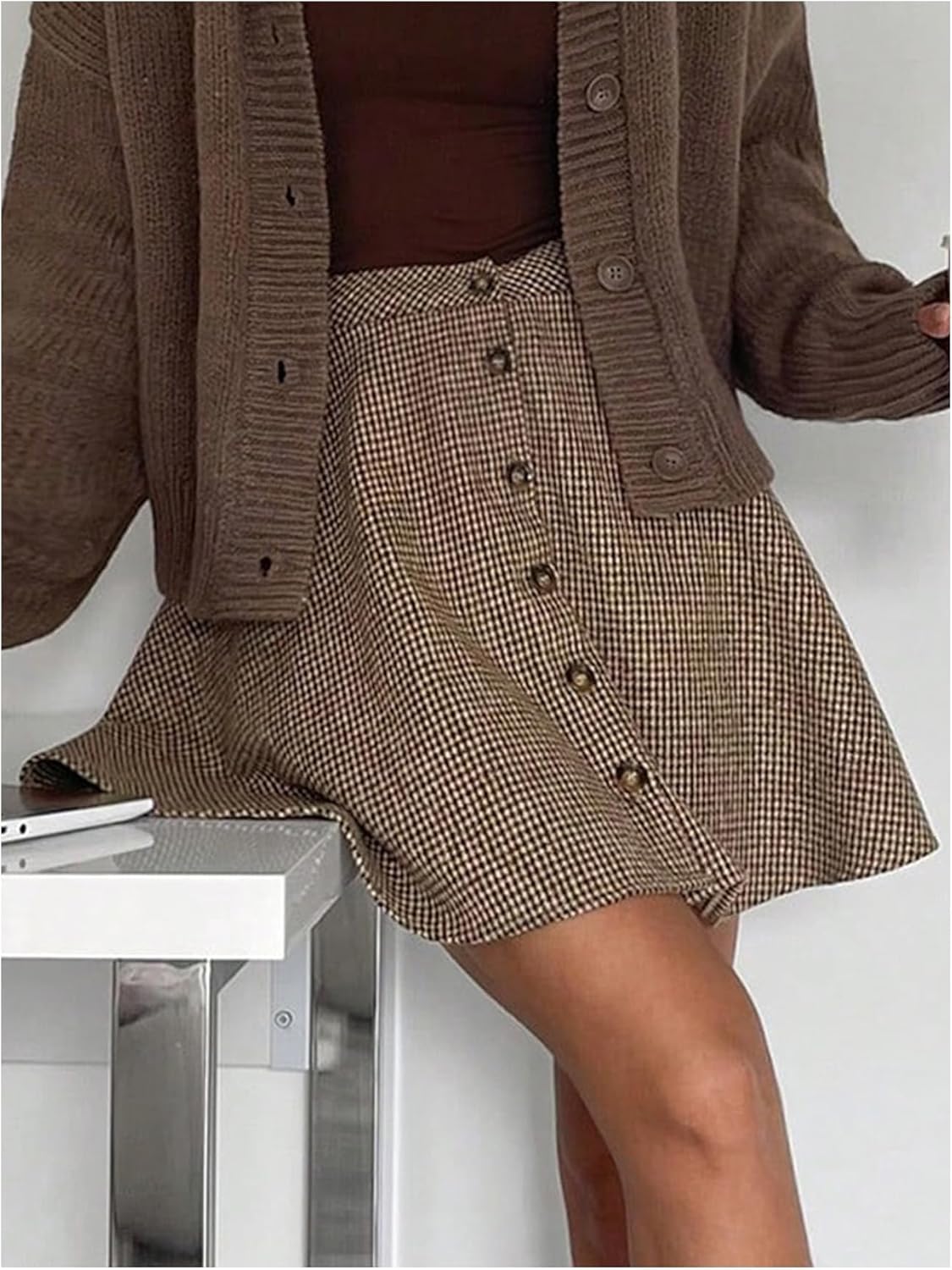 Floerns Women's Vintage Plaid Short Skirts Button Front High Waisted Fall Outfit Skater Skirt - Image 5