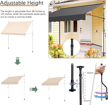 Manual Retractable Awning, Outdoor Patio Awning Sunshade Shelter, Height Adjustable Retractable Awning, UV Protection, for Backyard, Garden, Balcony 2M B-White-Bracket
