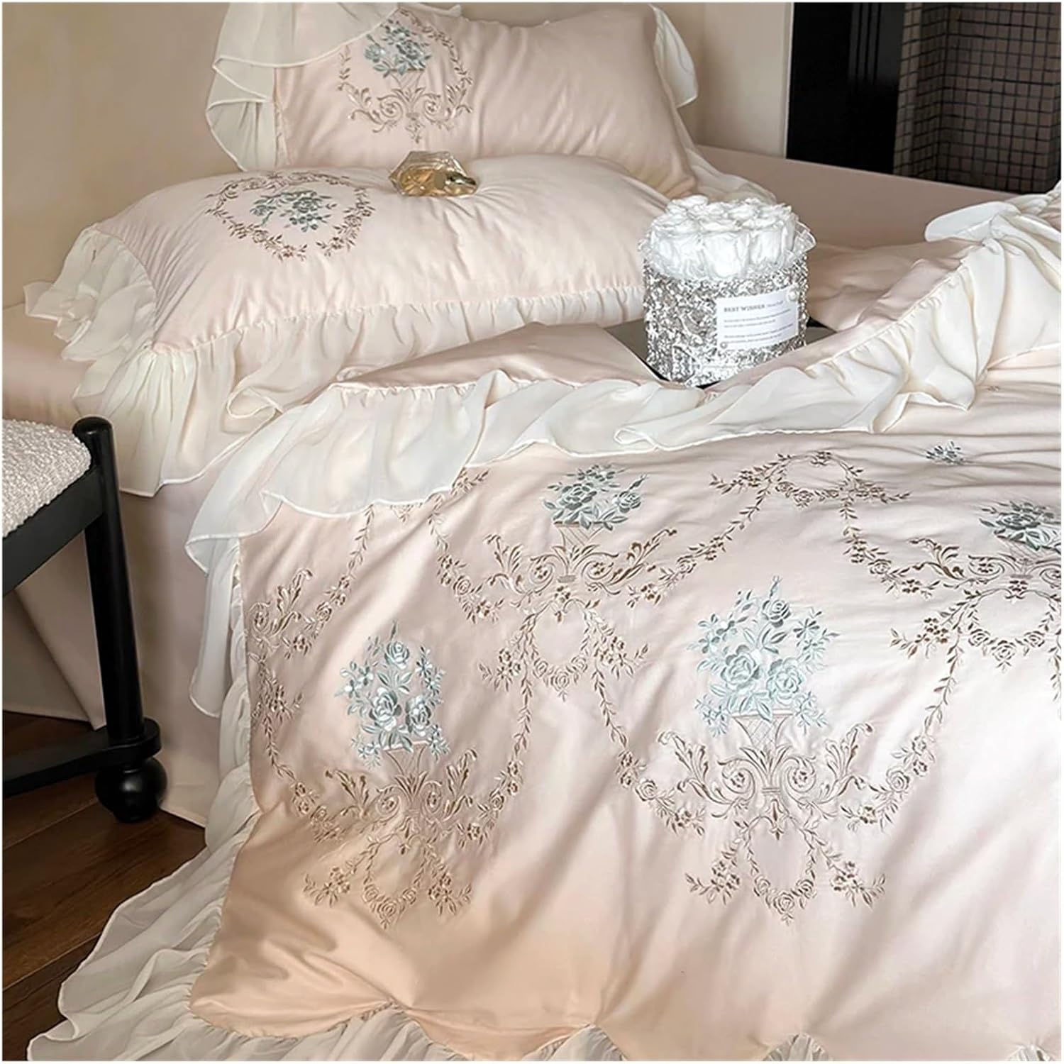 Rose Flowers Embroidery Lace Ruffles Duvet Cover Bed Sheet Pillowcases 1000TC Egyptian Cotton French V-intage Wedding Bedding Set,Bed