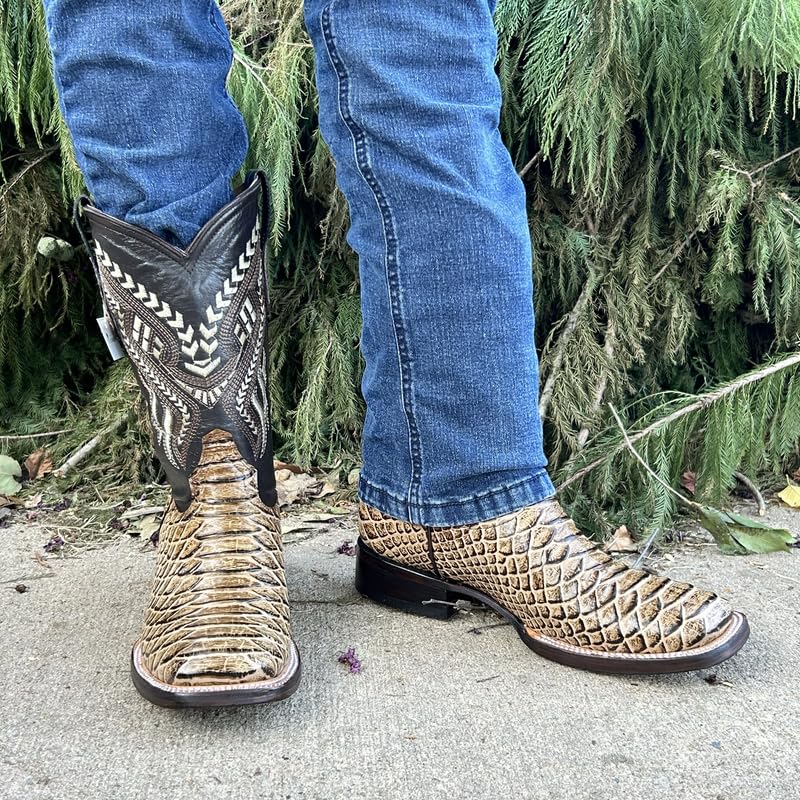 Image of Men's Alex Exotic Caiman Python Western Cowboy Boots Square Toe Pull On Tall Shaft bota de vaquero para hombre