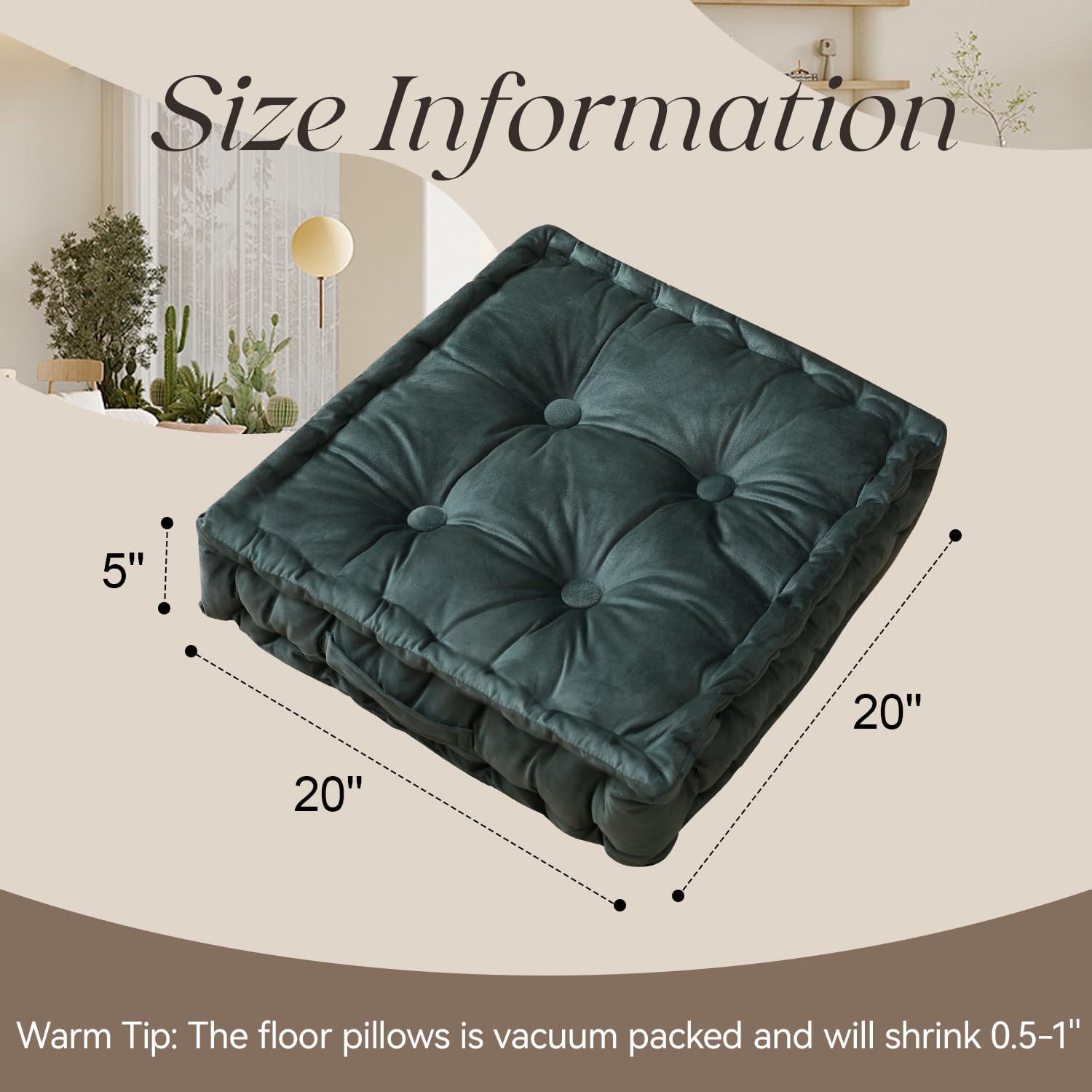 Square Floor Pillows, Large Floor Cushion for Adults Kids, Meditation Floor Pillow Seating Cushion with Shredded Memory Foam and Silk Wadding, 20"x20"x5" Dark Green