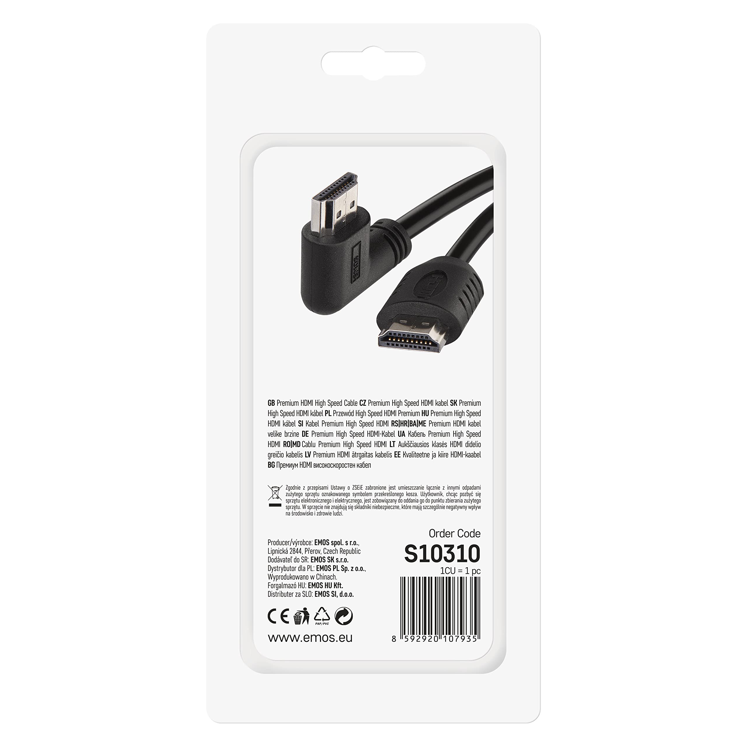 Cavo HDMI 2.0 Ad Alta Velocità EMOS 1,5m Con Ethernet – 18 Gbps, 4K Ultra HD, 3D, ARC, Connettore Angolare 90°