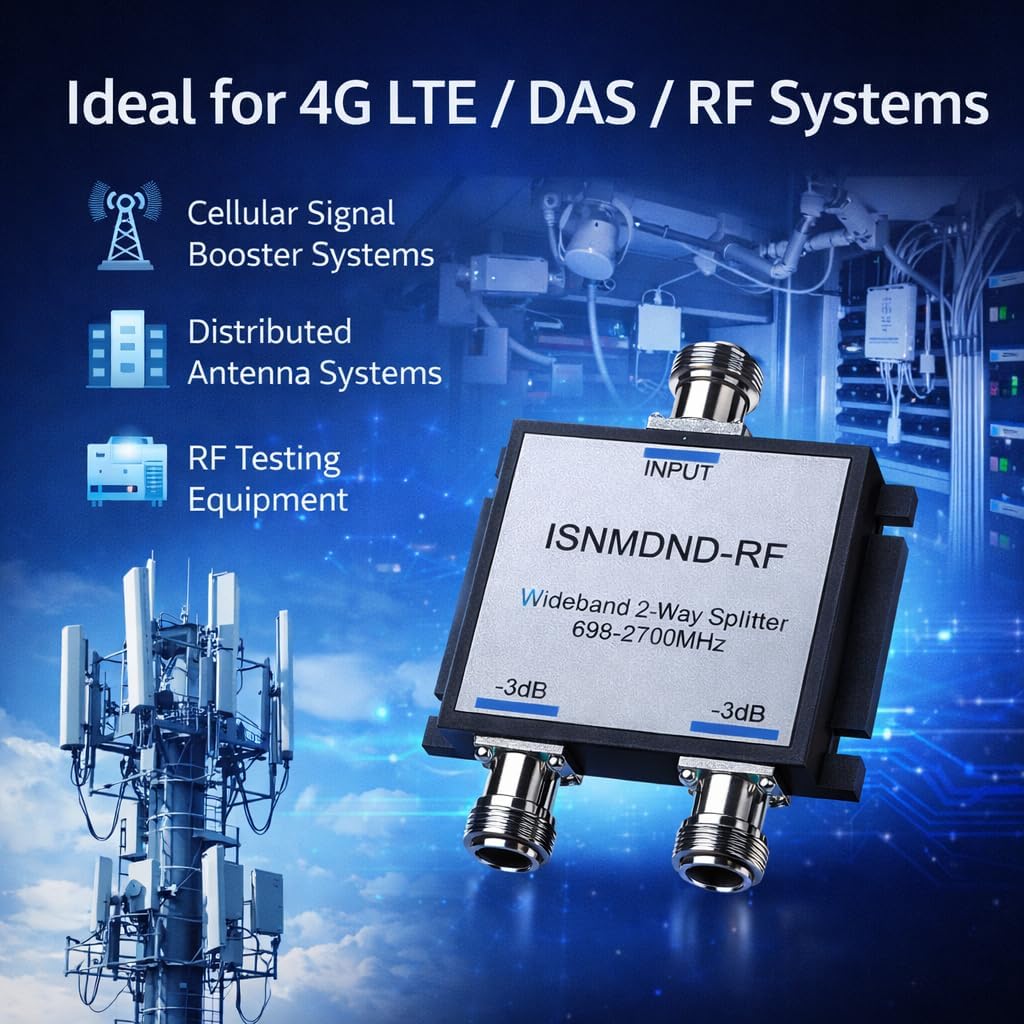 Wide-Band 2 Way RF Splitter with N Female Connectors, Cellular Signal Booster Splitter, 698–2600 MHz, Compatible with All US Carriers 2G/3G/4G LTE (Not for TV)