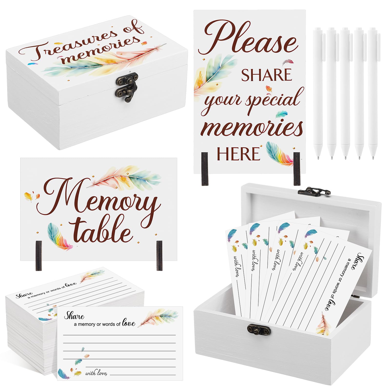 Gilprop 112 Pcs Celebration of Life Memory Cards Set Share a Memory Cards with Box 2 Wood Sign with 4 Hold and 5 Pens, Sympathy Memorial Gifts Funeral Keepsake Decorations(Feather) — image 1