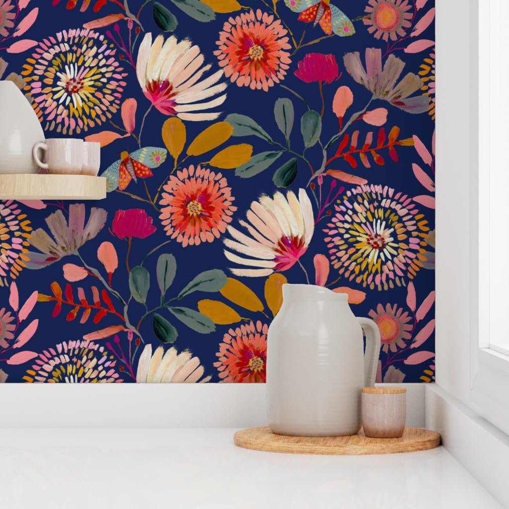 Spoonflower Peel & Stick Wallpaper 3ft x 2ft - Whimsical Floral Botanicals Flowers Large Scale Cottagecore Autumnal Watercolor Jumbo Classic Custom Removable Wallpaper