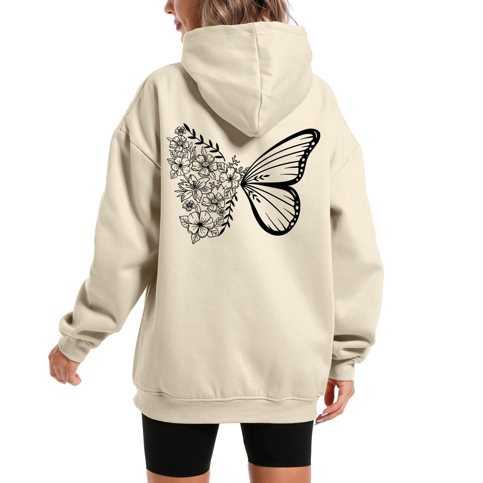Oversized Cute Graphic Aesthetic Hoodies for Women Teen Girls Floral Butterfly Print Hooded Sweatshirt Pullover Tops