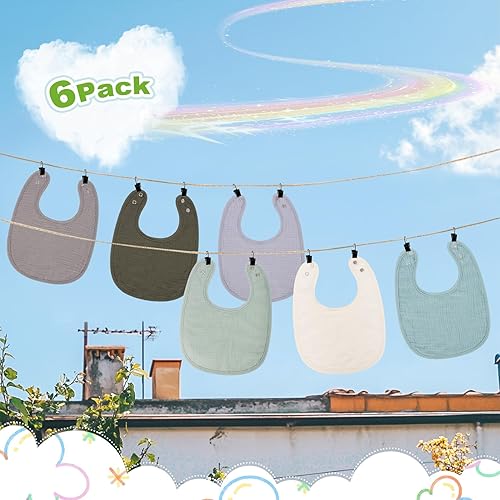 Miniatura 6 de Juego de 6 baberos de muselina para bebé, baberos ajustables, baberos unisex para niños y niñas, juego de muselina suave y absorbente para comer