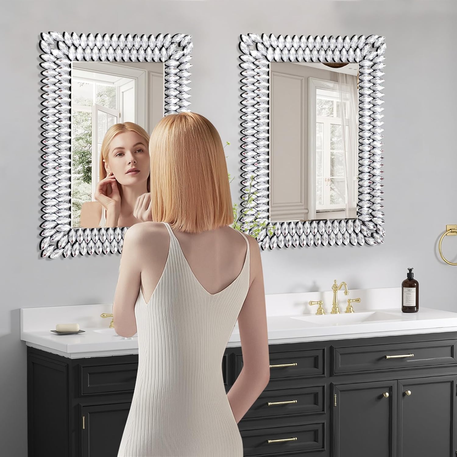24x36 Inch Rectangle Mirrors for Wall Decor, Luxury Diamond Entryway Mirrors for Wall, Silver Decorative Mirror for Living Room, Bedroom, Bathroom, Dining Room, Fireplace
