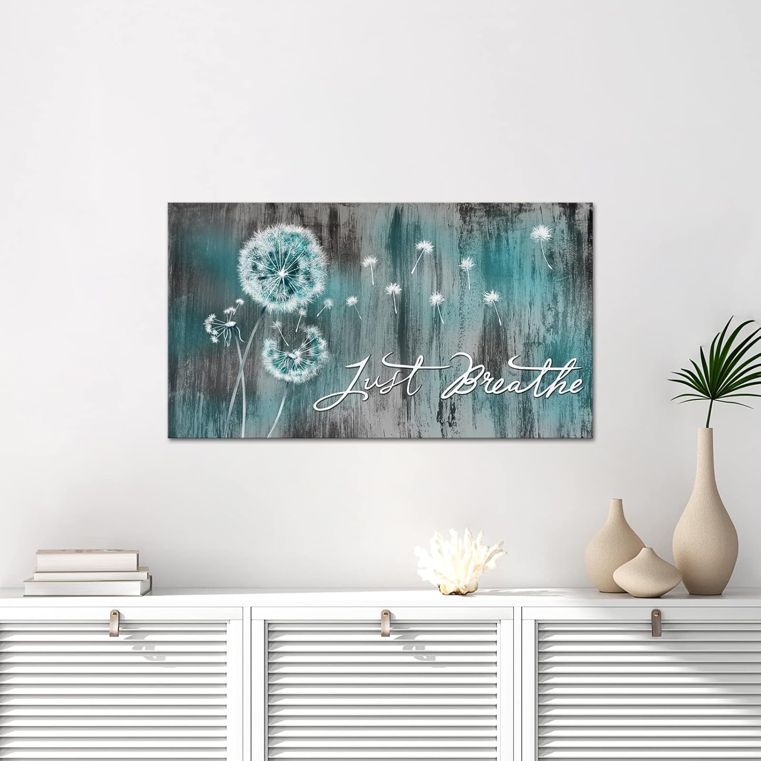 iHAPPYWALL Large Just Breathe Wall Art Abstract Teal Dandelion Flower Inspiratiobal Quotes Rustic Floral Artwork for Bedroom Farmhouse Home Wall Decor Ready to Hang 20x36inch - Image 2