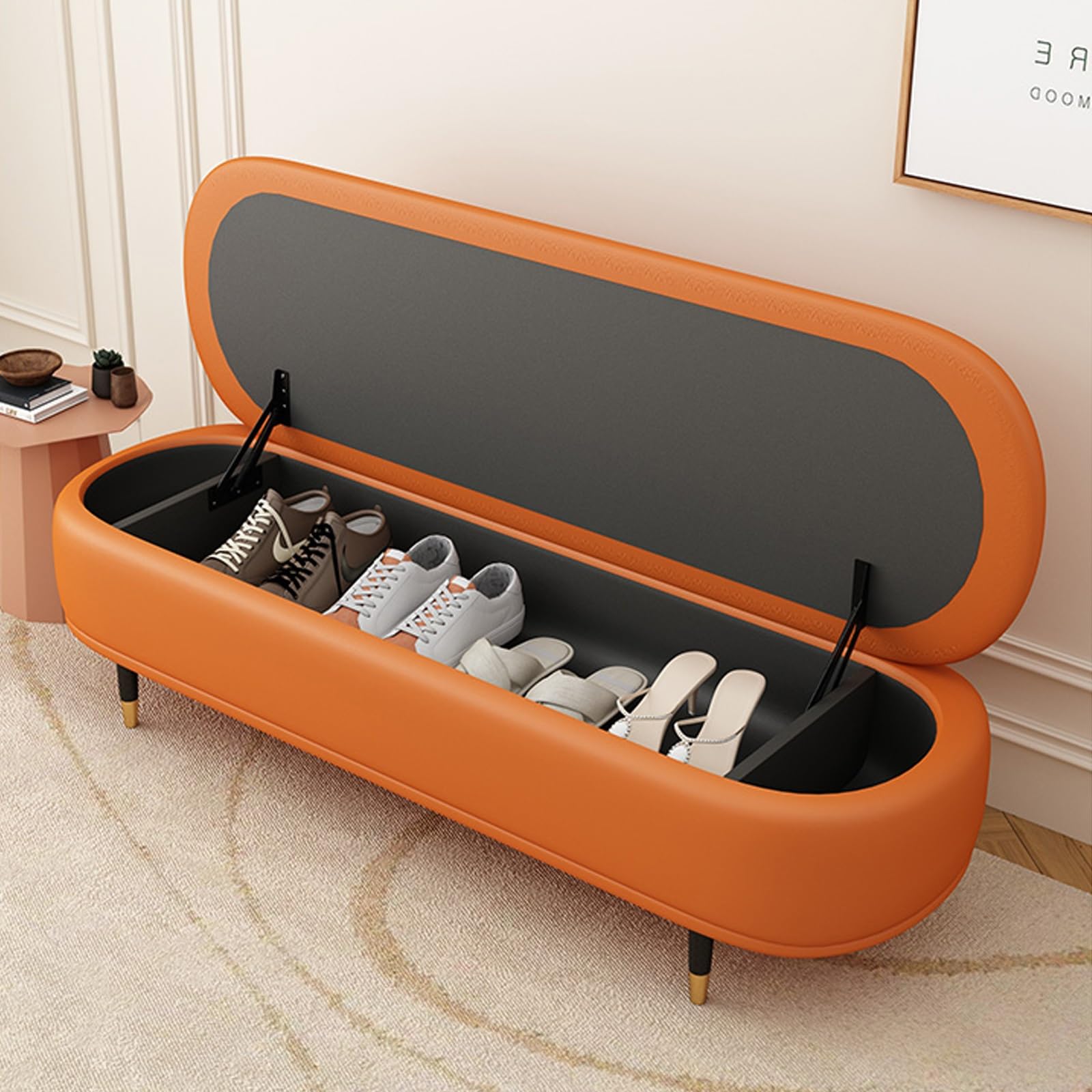 Lederhocker mit Rückenlehne, Aufbewahrungsmöglichkeit für den Eingangsbereich, Fußhocker mit Stauraum, Spielzeugbank, für Wohnzimmer, Schlafzimmer, Fußende des Bettes(Orange,170cm/66.9in)