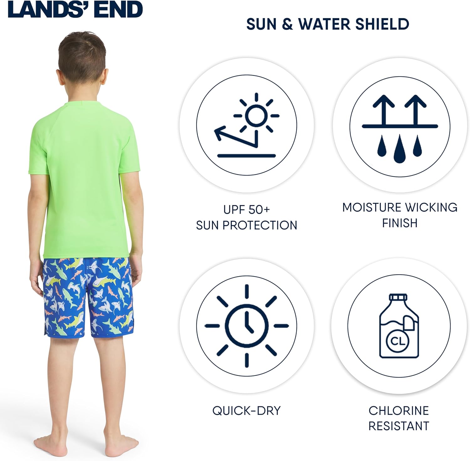 Lands' End Boys' Swim UPF 50 Plus Short Sleeve Sun Tee Rash Guard Shirt